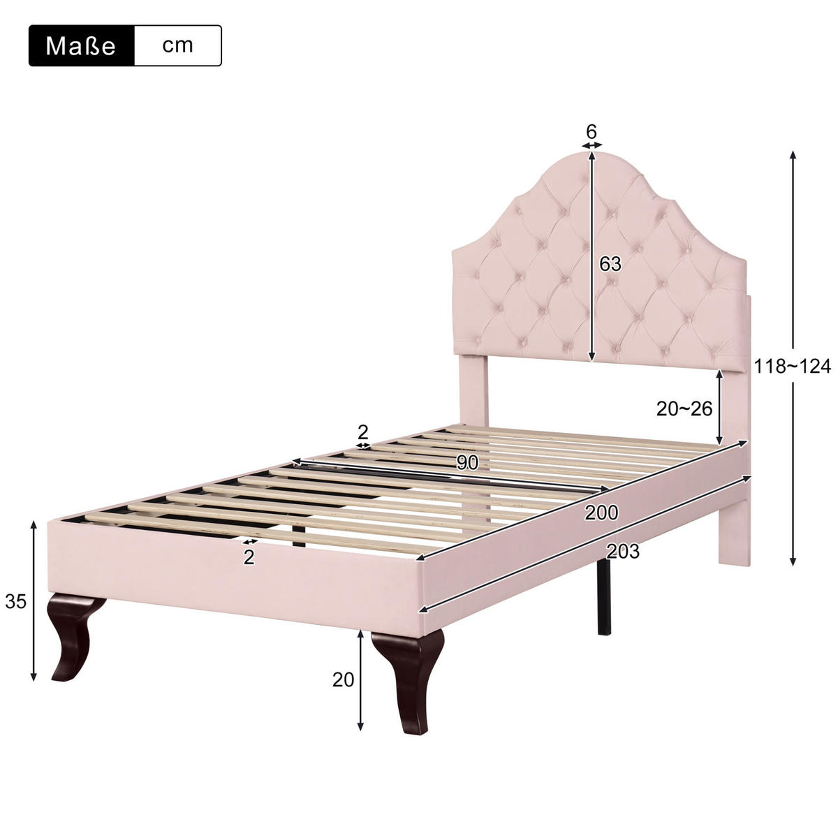 POLSTERBETT 90/200 cm mit Lattenrost und höhenverstellbarem Kopfteil aus Samt, klassische Knopfheftung, Rosa - Rosa, Textil (90/200cm) - Redom