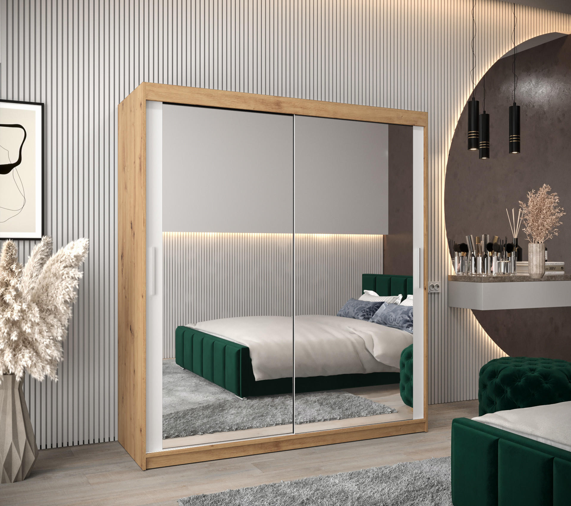 SCHWEBETÜRENSCHRANK 200/180/62 2-türig - Silberfarben/Weiß, Holz/Kunststoff (180/200/62cm) - Abiks Möbel