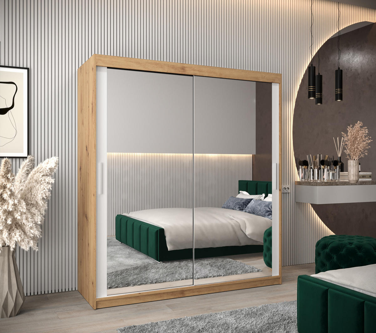 SCHWEBETÜRENSCHRANK 200/180/62 2-türig - Silberfarben/Weiß, Holz/Kunststoff (180/200/62cm) - Abiks Möbel