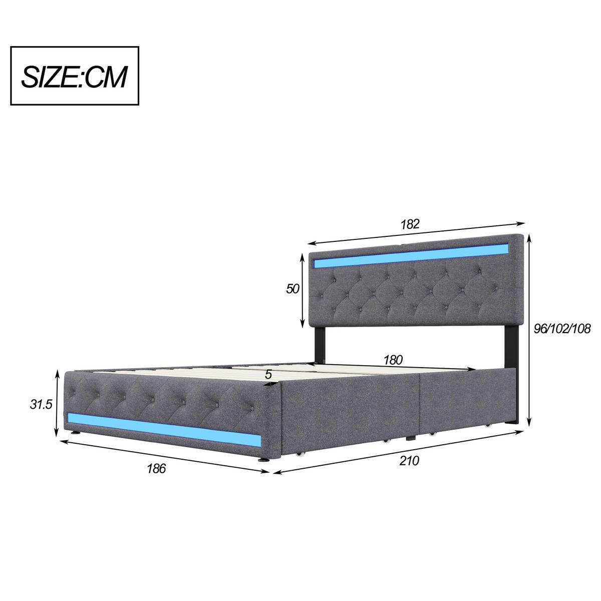 POLSTERBETT 180x200 cm mit LED und USB, Doppelbett mit Lattenrost und Kopfteil, 4 Schubladen, Leinenstoff, King size, Grau - Grau, Textil/Metall (180/200cm) - GENKI LIVING