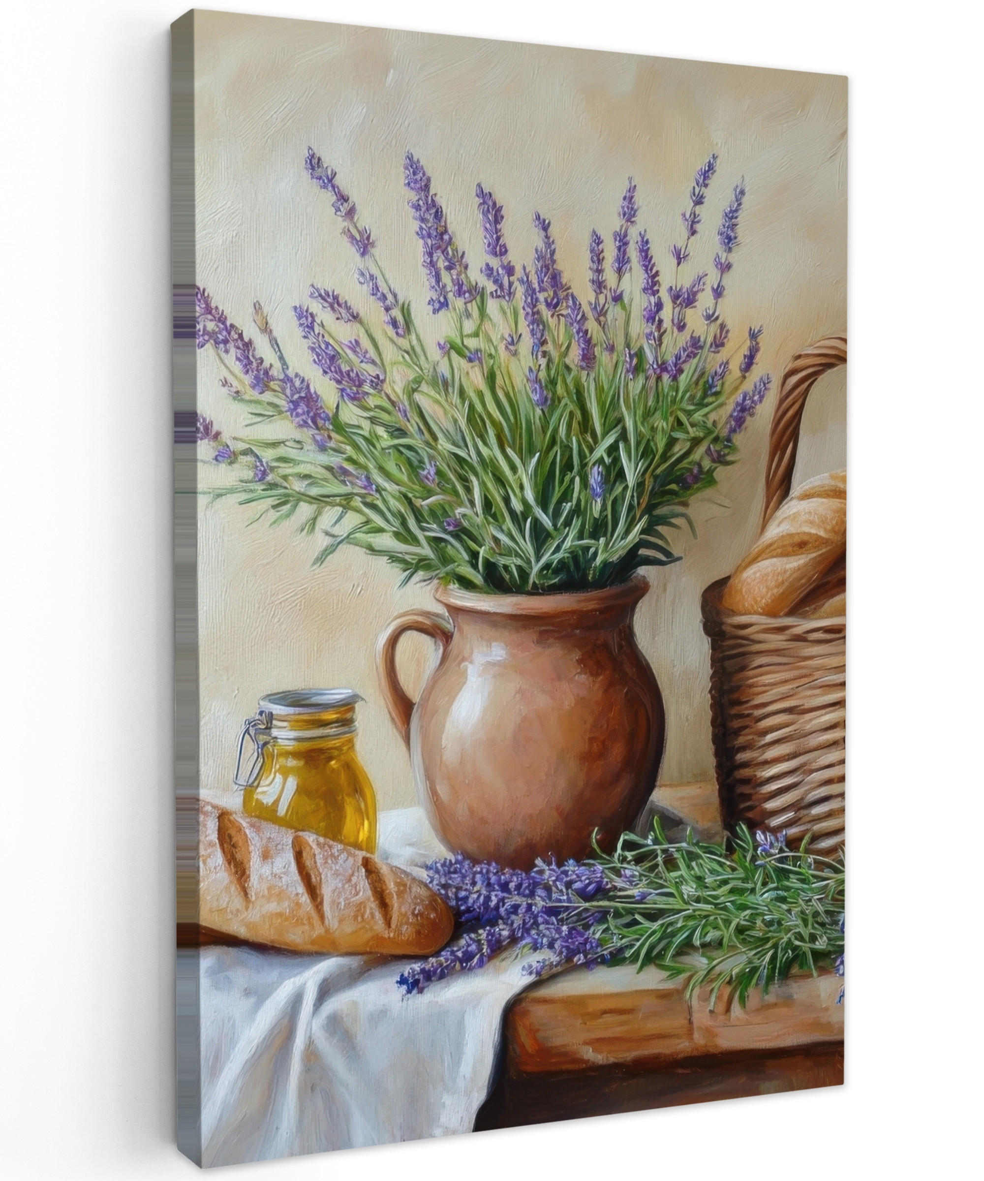MuchoWow OBRAZ NA PLÁTNĚ Levandule - Chléb - Zátiší 60x90 cm