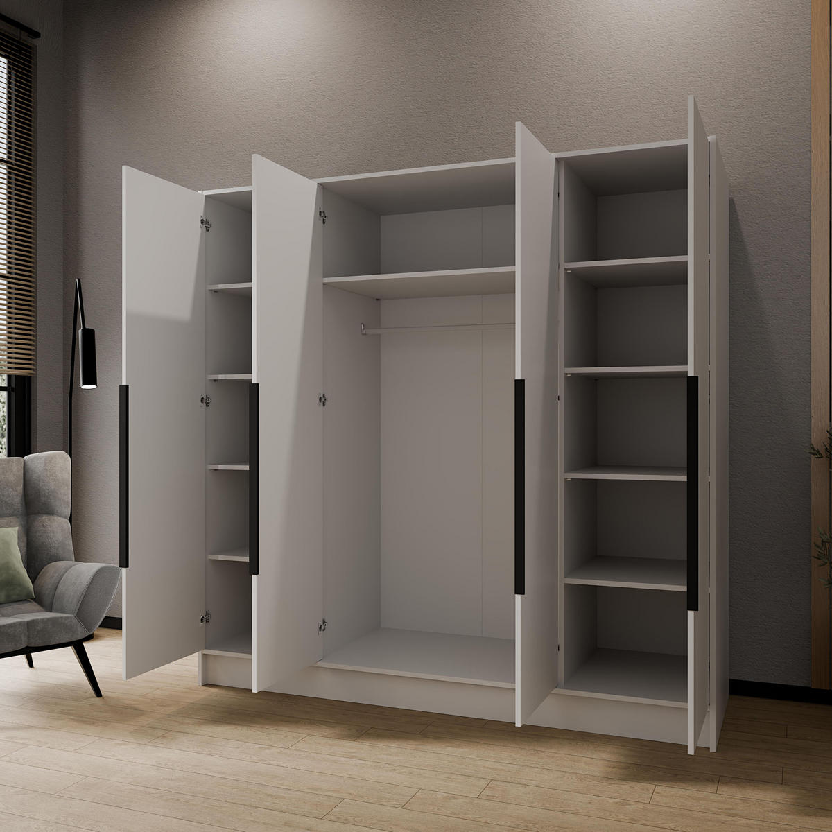 KLEIDERSCHRANK Mono Bis im Skandi-Stil, Drehtüren mit Schwarze Metallgriffe, Weiß 200/200/51 cm - Weiß, Holzwerkstoff (200/200/51cm) - WFL GROUP