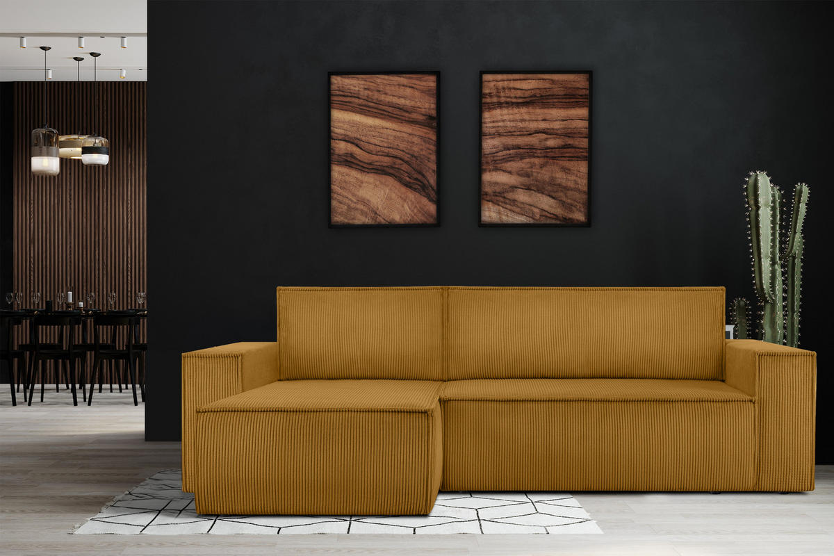 ECKSOFA-LINKS/RECHTS NAPI Schlaffunktion mit Cordbezug, Gelb - Gelb/Schwarz, Textil (262/148cm) - KONSIMO®