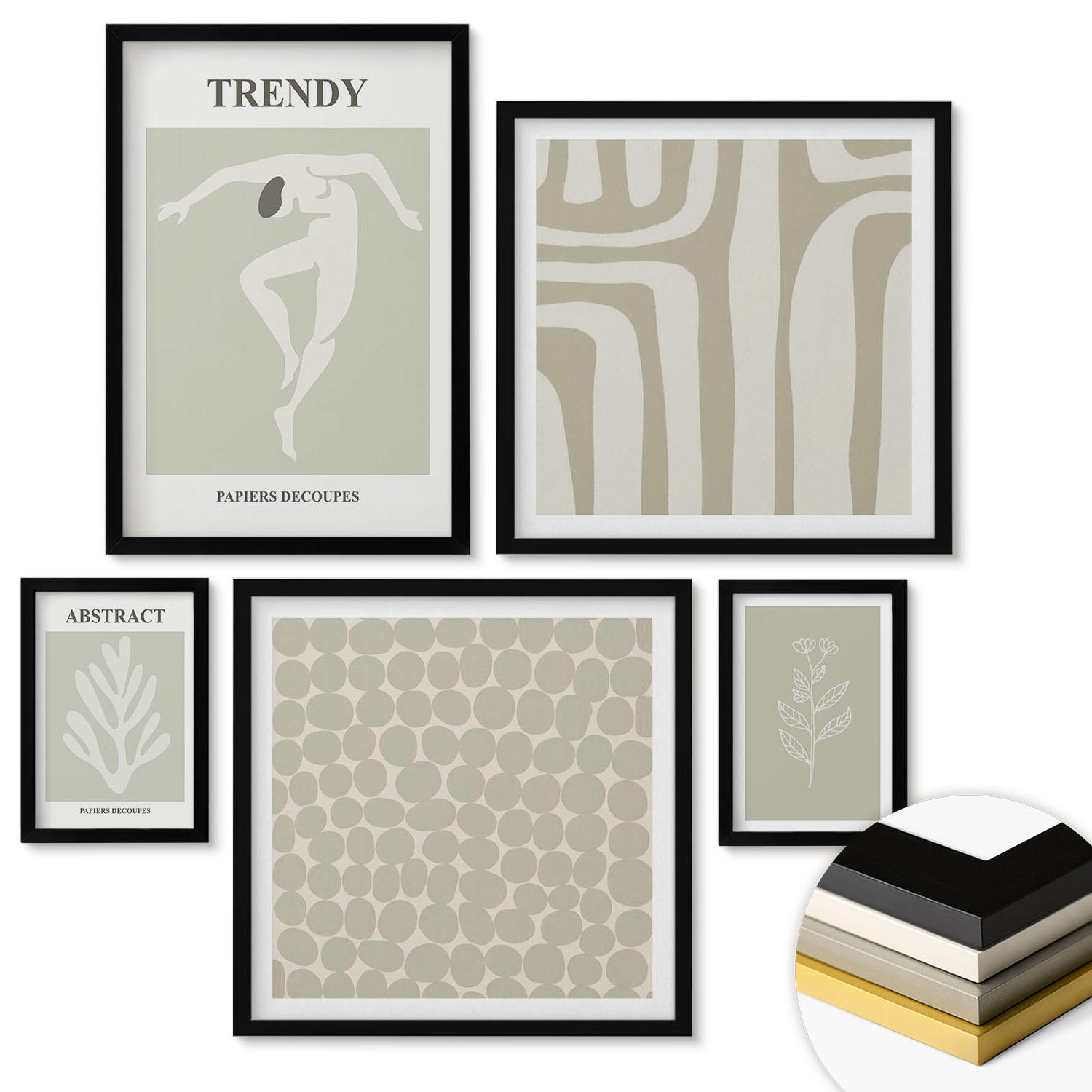 WANDBILDER 5er-Set - 50x50 cm & 20x30 cm & 40x60 cm Schwarzer Rahmen - Pflanzen- und geometrische Muster - Schwarz, Kunststoff (40/60cm) - ArtPrintCave