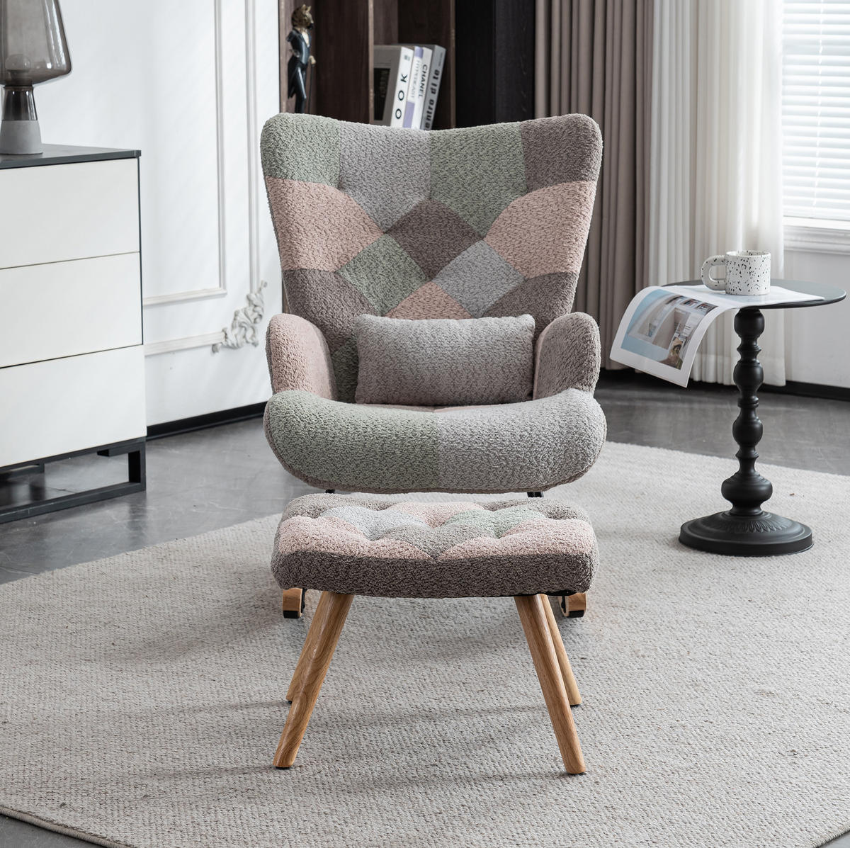 SCHAUKELSTUHL 93 cm bunt mit Fußhocker und Lendenkissen, Bezug aus Samt - Multicolor, Textil (83/91/68cm) - Flora Grace