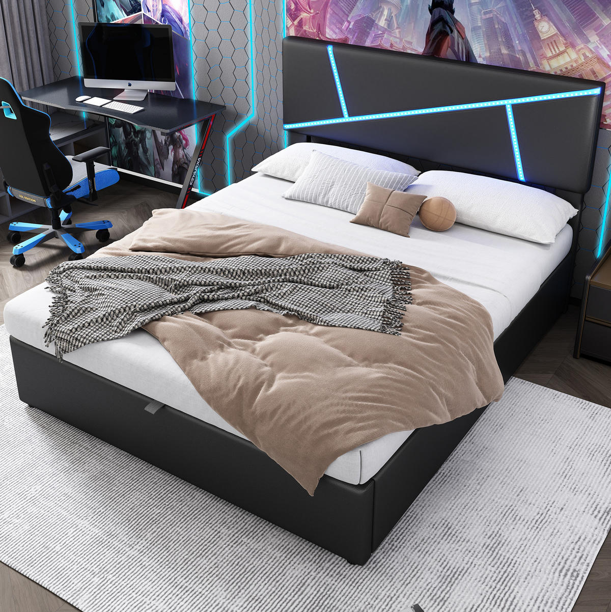 BETT mit LED und Stauraum PU Schwarz - Schwarz, Metall (140/200cm) - Meubliv