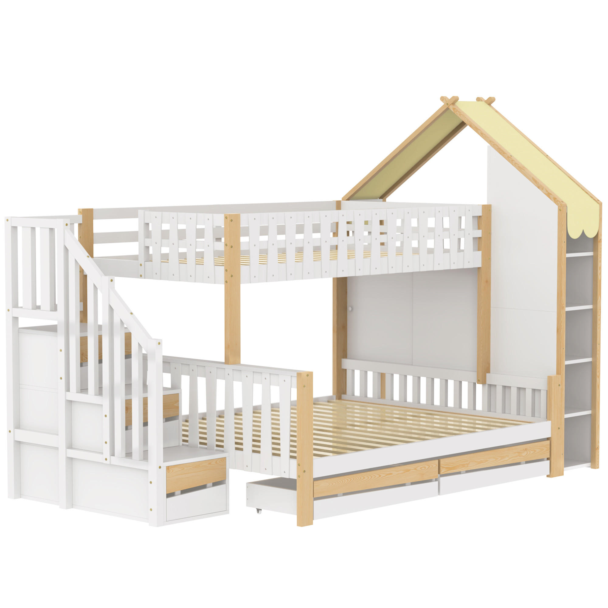 ETAGENBETT Hausleiste Weiß + Natur - Naturfarben, Holz (140/200cm) - ComfortXL