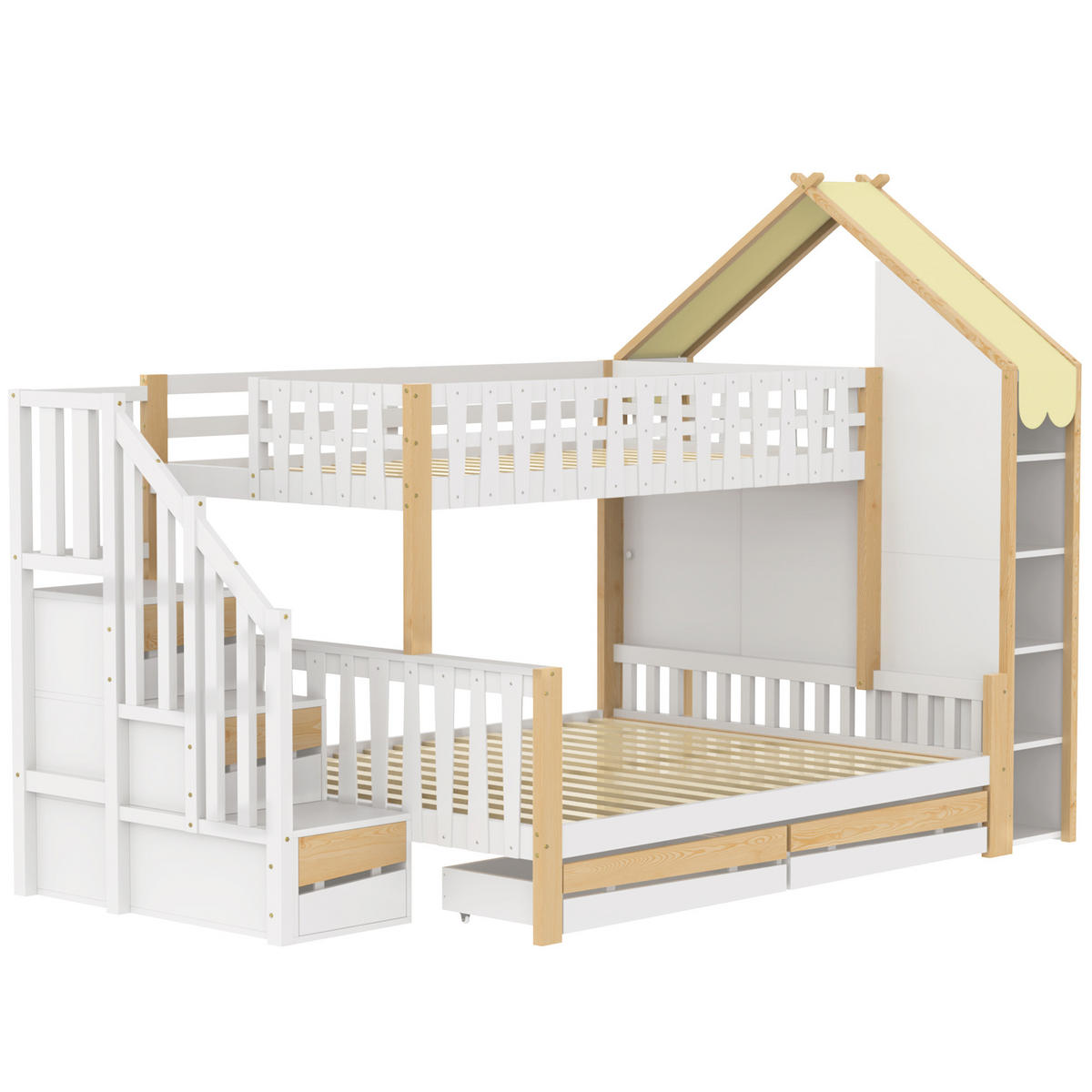 ETAGENBETT 90/200 cm mit Stauraumleiter und Bettgitter in Weiß und Natur - Weiß, Holz (90/200cm) - OKWISH