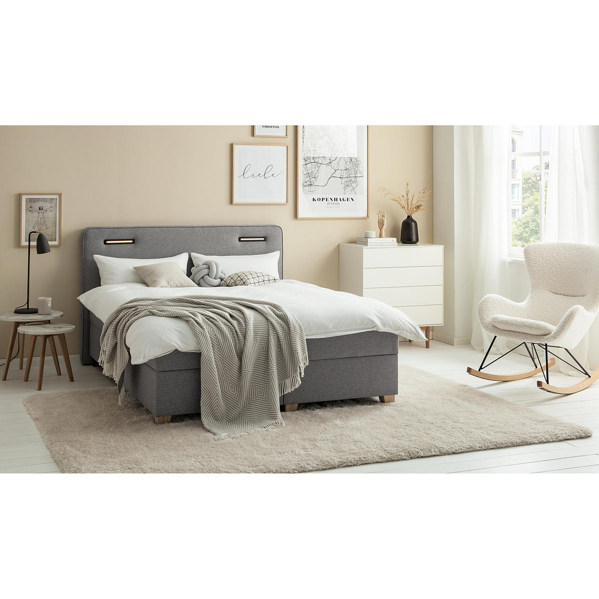 BOXBETT mit Stauraum - inkl. Beleuchtung - Taupe/Grau, Holz/Textil (180/200cm) - home24
