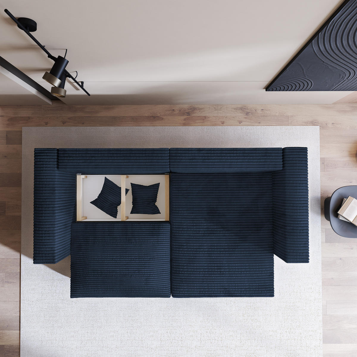 ECKSOFA NERIO Blau Kordstoff mit Schlaffunktion - Blau, Holz (245/148cm) - MASSENO