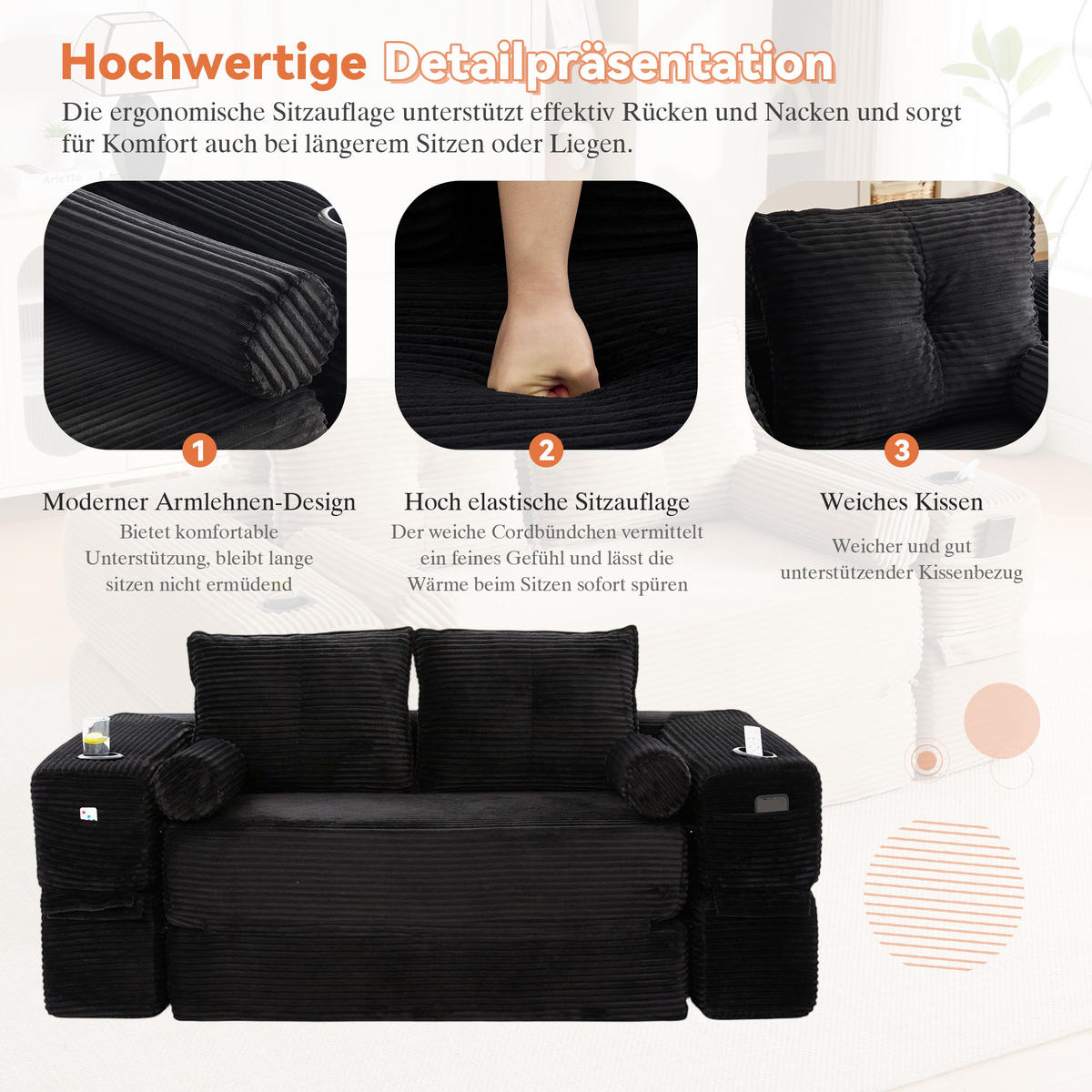 SCHLAFSOFA mit Cordbezug, Federkern, Memory-Kissen und Getränkehalter - Schwarz, Textil (180/80/98cm) - EVRYAE