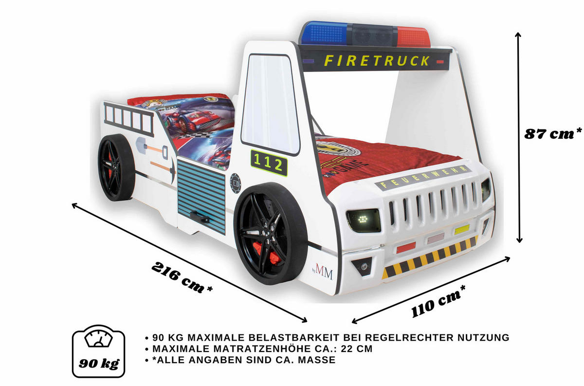 AUTOBETT Firetruck für Kinder 90x200 mit LED Leuchte und Lattenrost - Weiß, Holzwerkstoff (90/200cm) - Aileenstore