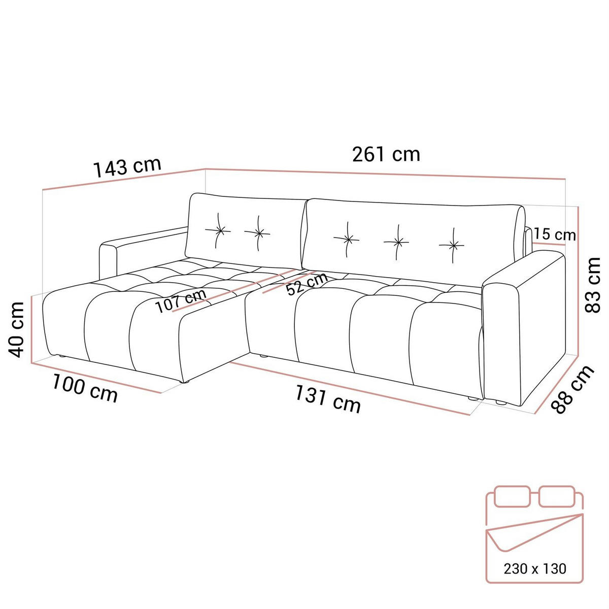 ECKSOFA ASTON mit Schlaffunktion und Bettkasten - Ecru, Textil (261/143cm) - Lookway