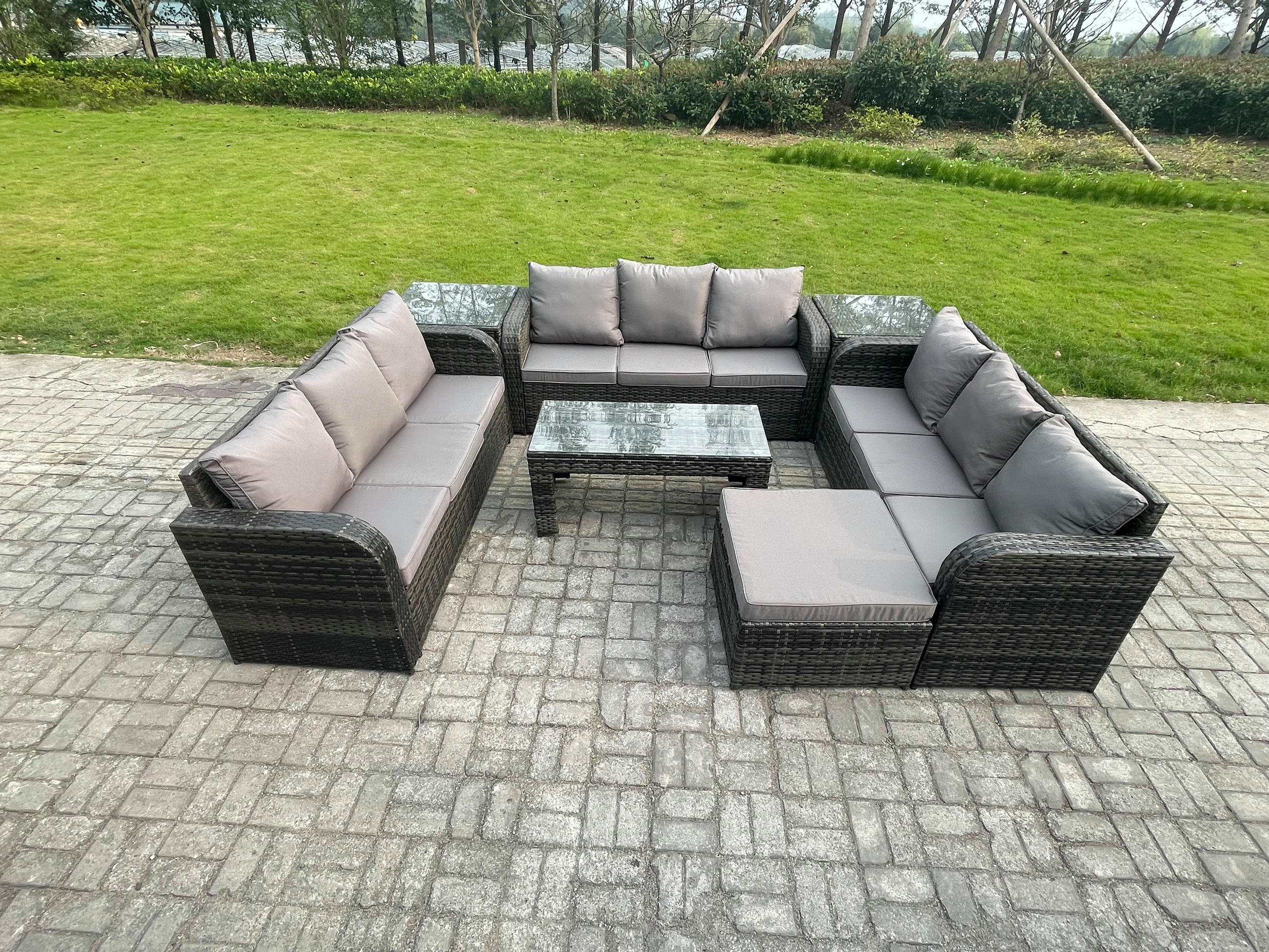 GARTENSOFA SET mit rechteckigem COUCHTISCH Polyrattan 10-Sitzer Dunkelgrau - Dunkelgrau/Grau, Glas/Kunststoff - Fimous