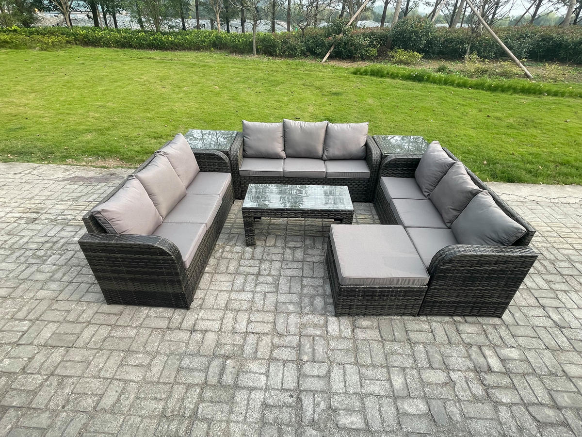 GARTENSOFA SET mit rechteckigem COUCHTISCH Polyrattan 10-Sitzer Dunkelgrau - Dunkelgrau/Grau, Glas/Kunststoff - Fimous
