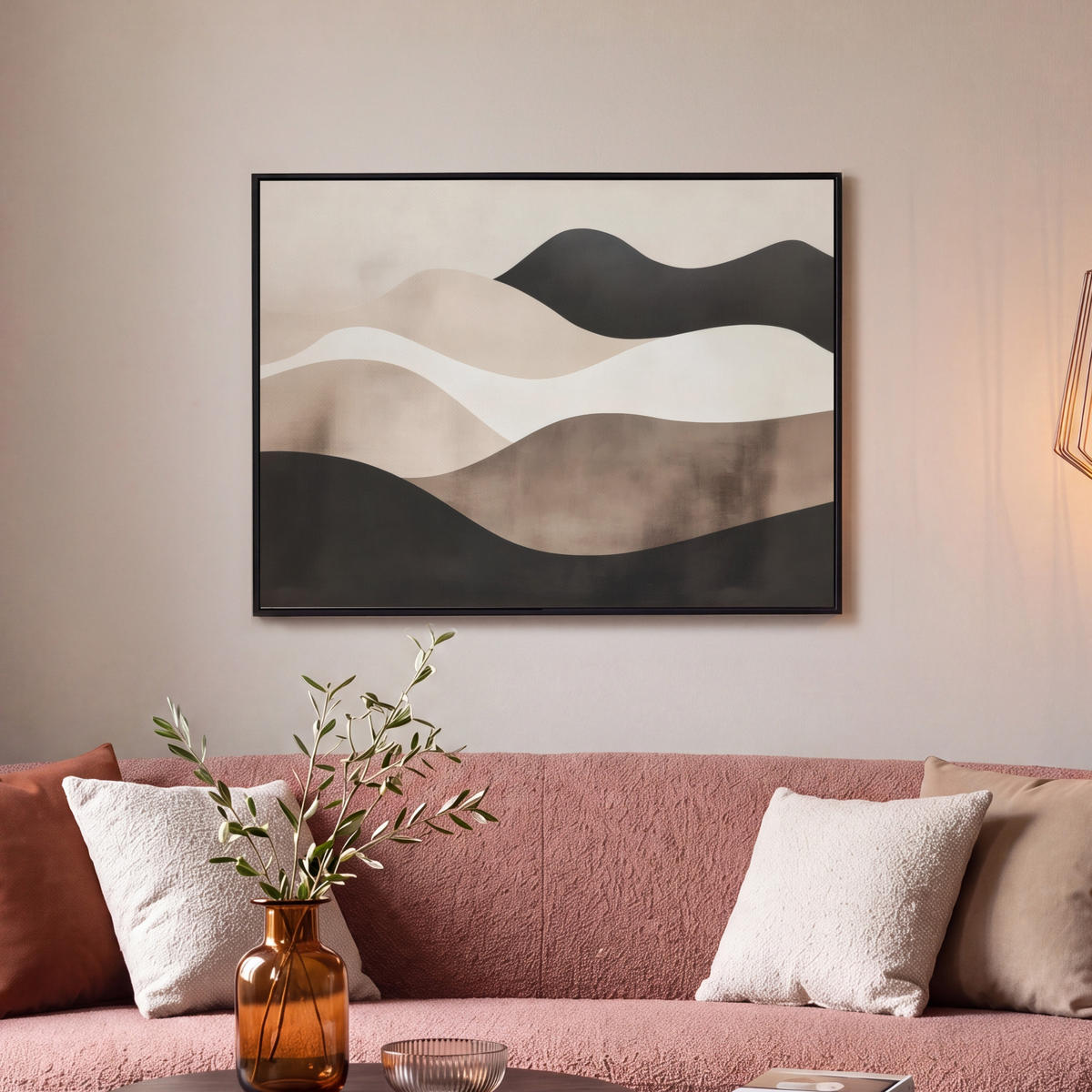 LEINWAND Bilder mit Rahmen - Abstrakt - Landschaft - Wellen - Cremefarben - 70x50 - Cappuccino, Textil (70/50cm) - MuchoWow