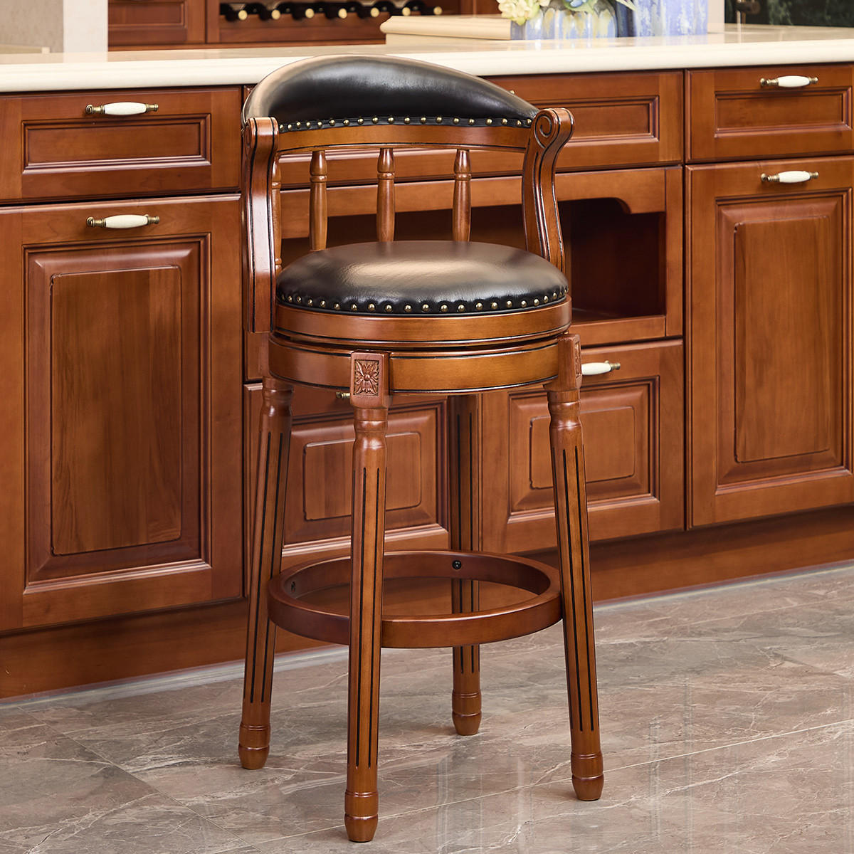 BARHOCKER 1er-Set Schwarz mit Echtleder und Rückenlehne - Schwarz, Holz (54.8/96/54.8cm) - PANGIVO
