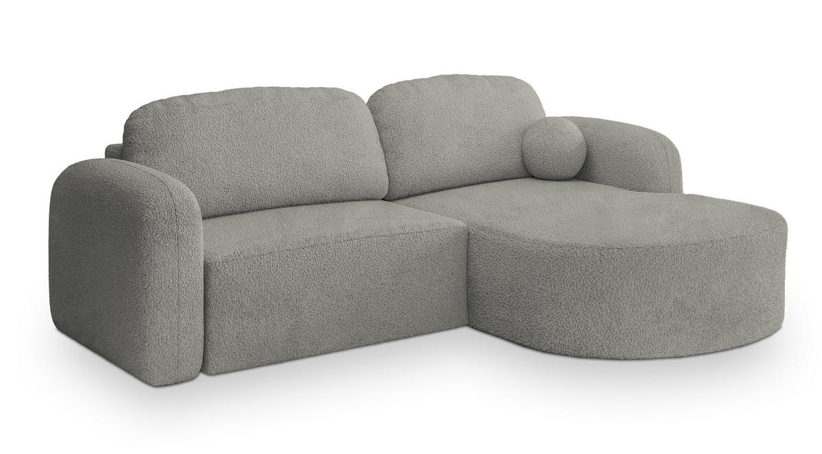 ECKSOFA AMILIA R-S Hellgrau Boucle-Stoff mit Schlaffunktion - Hellgrau, Holz (263/174cm) - MASSENO