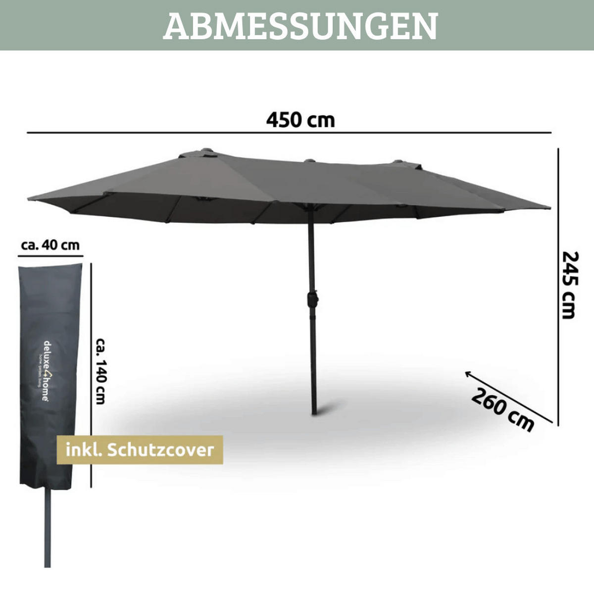 DOPPELSONNENSCHIRM 450x260cm KOGO XXL Sonnenschirm Anthrazit - Anthrazit, Kunststoff (450/260cm) - DELUKE