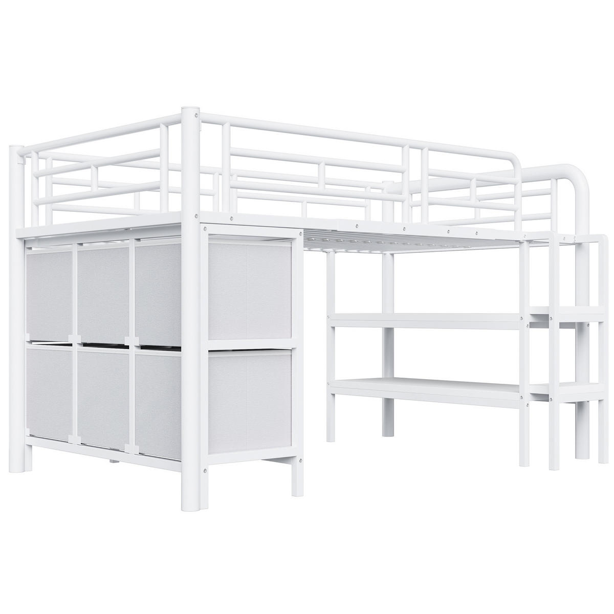 HOCHBETT 90/200 cm Weiß mit Stauraum und breiter Treppe aus Metall - Weiß, Metall (90/200cm) - OKWISH