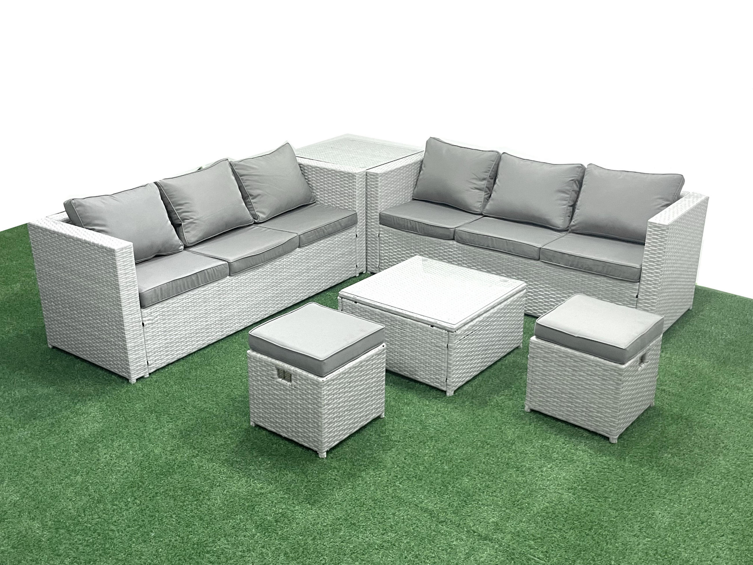 GARTENMÖBEL-SET mit Kissen Polyrattan Hellgrau-Mix 8-Sitzer - Hellgrau/Grau, Glas/Kunststoff - Fimous