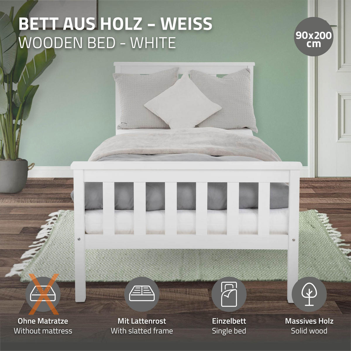BETTGESTELL 206/98/80 cm - Weiß, Holz - ML-DESIGN