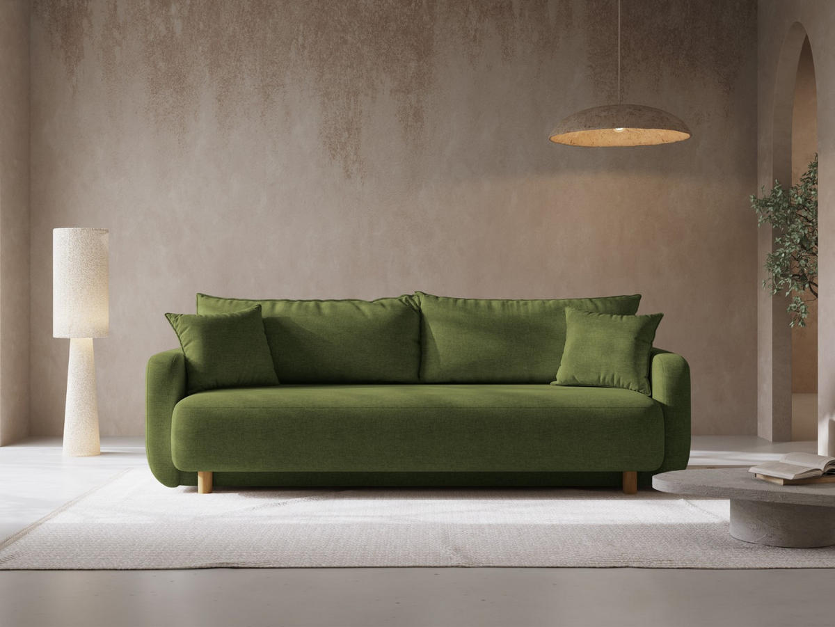 SOFA ausklappbar mit Bettkasten Elen aus strukturiertem Stoff grün 3 Sitzplätze - Grün, Textil (231/86/106cm) - Micadoni