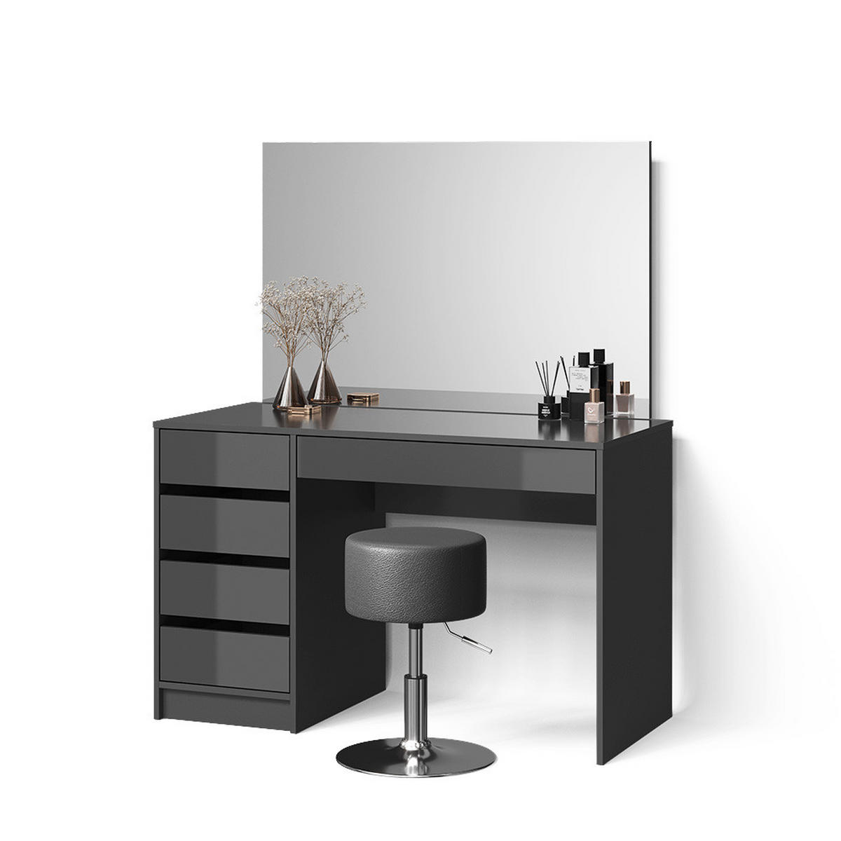 SCHMINKTISCH-SET Imola Anthrazit 120 cm mit Hocker - Anthrazit, Holzwerkstoff (120/75/55cm) - Livinity®
