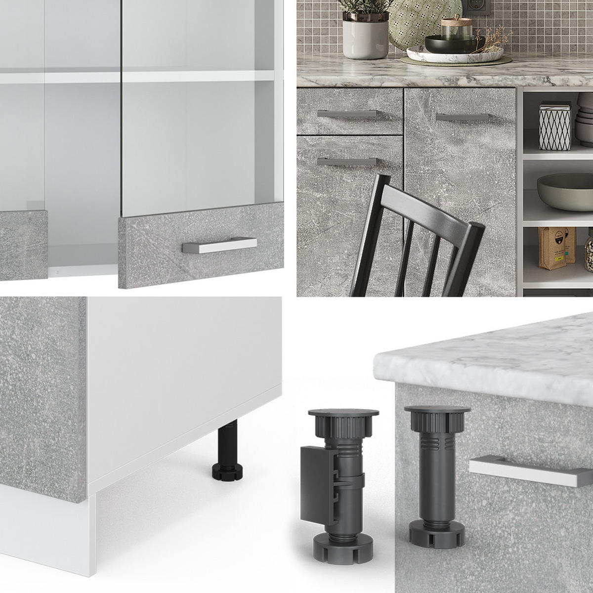 KÜCHENZEILE R-Line Beton/Weiß 240 cm ohne AP - Schieferfarben/Weiß, Holzwerkstoff (240/81.6/46cm) - Vicco