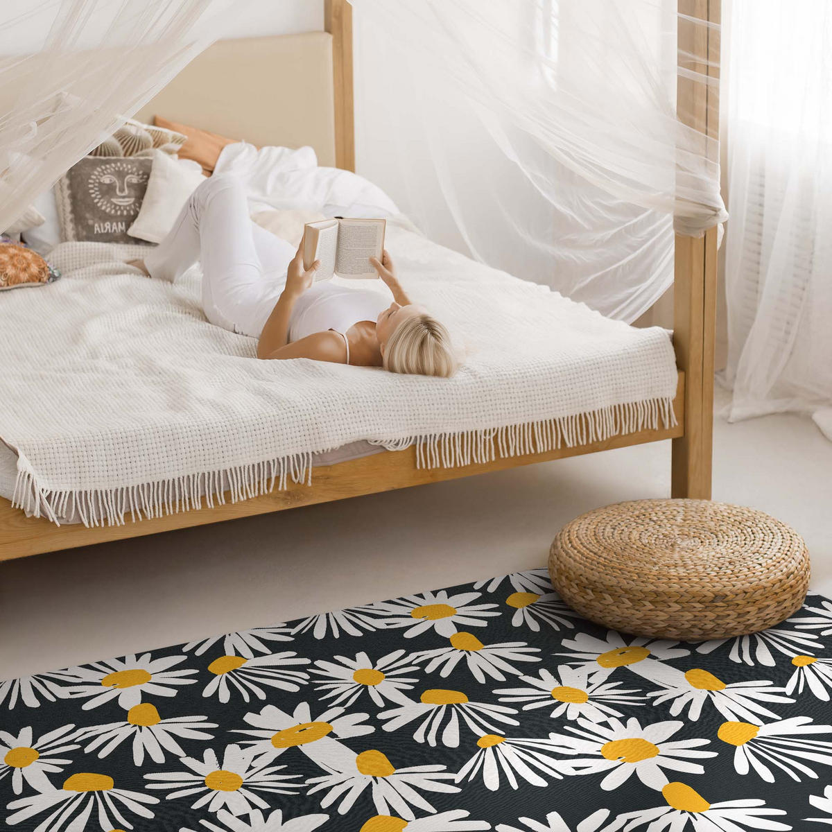 TEPPICH 140x210 cm Gemalte Gänseblümchen und Wildblumen - Hellgrau, Kunststoff (140/210cm) - Wallfluent