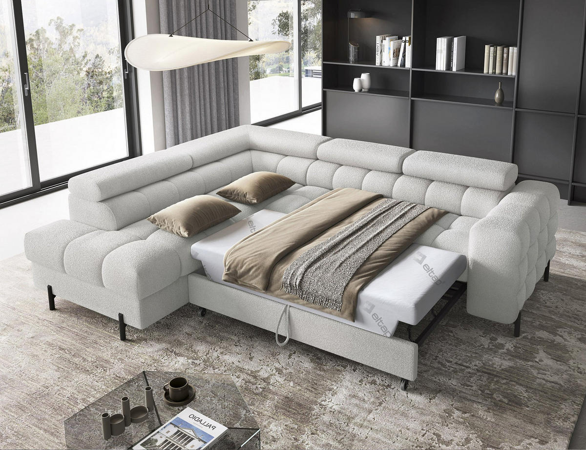 WOHNLANDSCHAFT FERUCCE Ecksofa L-Form – Polsterecke mit Schlaffunktion, Bettkasten & verstellbaren Kopfstützen 276 cm - Creme/Hellgrau, Kunststoff (276/200cm) - Wohnideebilder