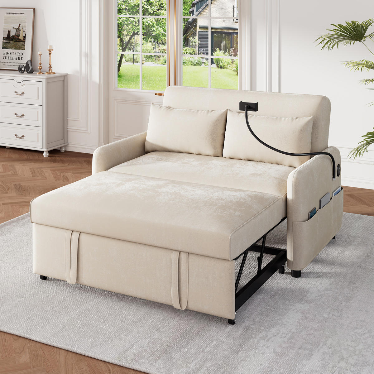 SCHLAFSOFA aus Chenille 129x76x81 cm Beige mit Schlaffunktion, USB-Anschluss, verstellbarer Rückenlehne und Seitentaschen - Beige, Textil (76/81/129cm) - Modfu