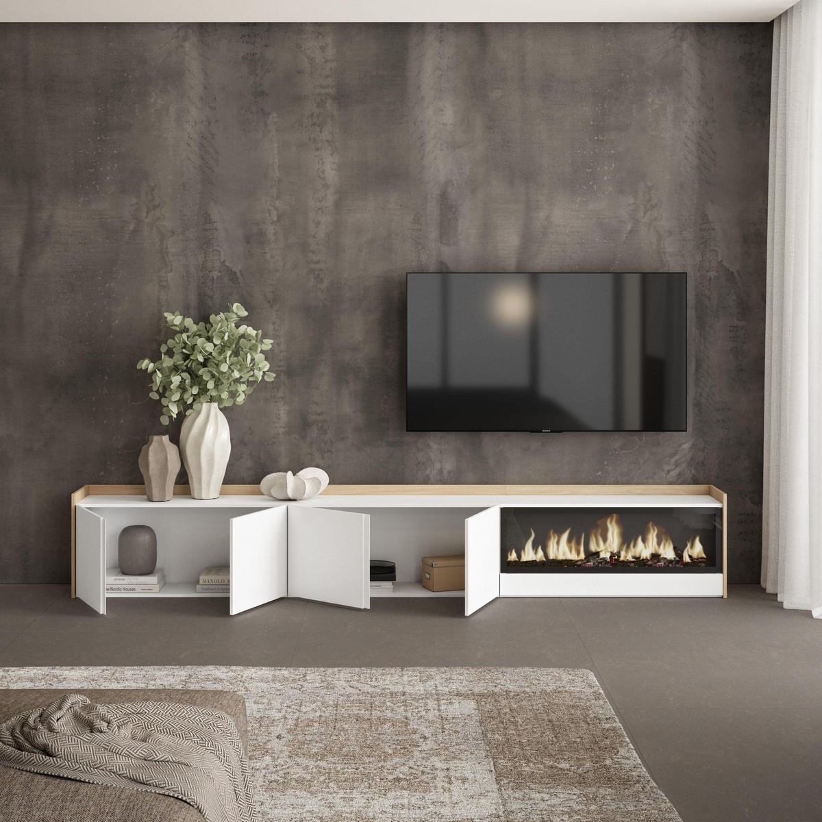 LOWBOARD, Weiß und Eiche, 315/35/50cm, Kamin mit Feuereffekt XXL - Weiß, Holzwerkstoff (315/50/35cm) - Skraut Home