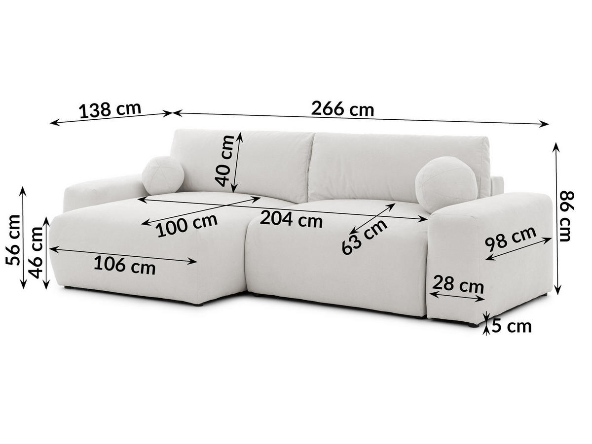 ECKSOFA Puffy mit Schlaffunktion und Bettkasten - besonders weich und puffig aus Creme Webstoff - Ottomane links - Creme/Schwarz, Holz/Kunststoff (138/266cm) - S-Style Möbel
