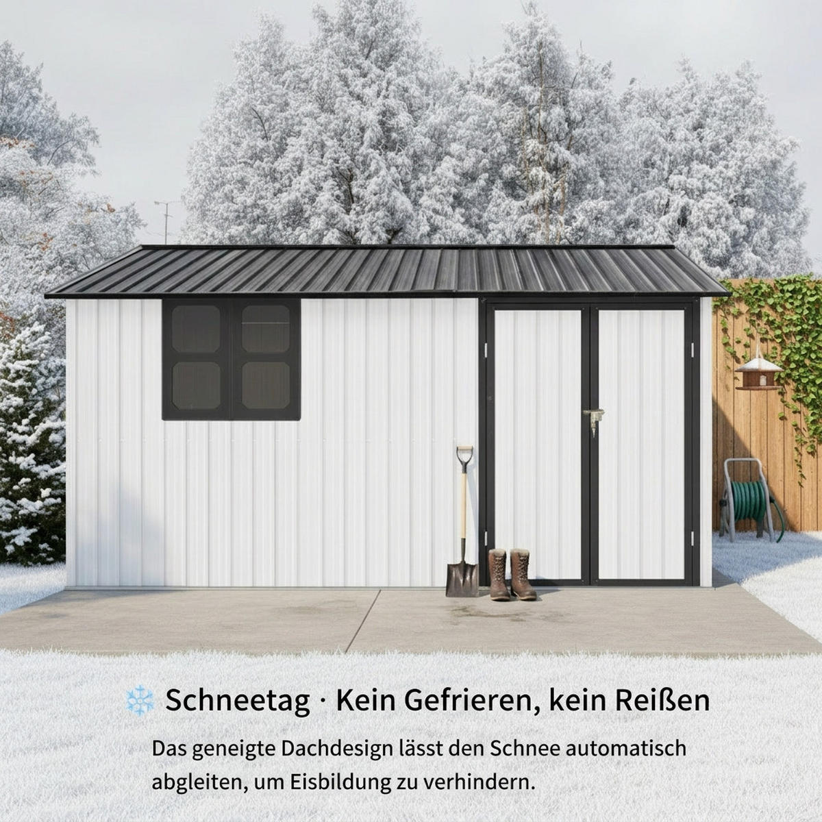 GERÄTEHAUS 374.9/307.8/204.8 cm Weiß mit Tür, Schloss, Fenster, klappbarem Tisch und Regalen (10,34m²) - Weiß, Metall (307.8/204.8/374.93cm) - Oxeza
