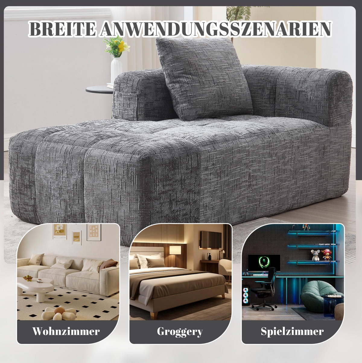 CHAISELONGUE Sofa Chenille mit Seitentaschen und Kissen 158/90/60 cm Grau - Grau, Textil (60/158/90cm) - Redom