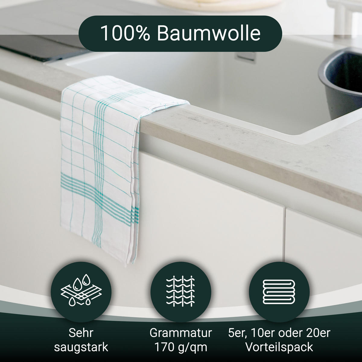 GESCHIRRTÜCHER, 5er-Set, 50x70 cm, 100% Baumwolle, Grün - Türkis, Textil (50/70cm) - Zollner