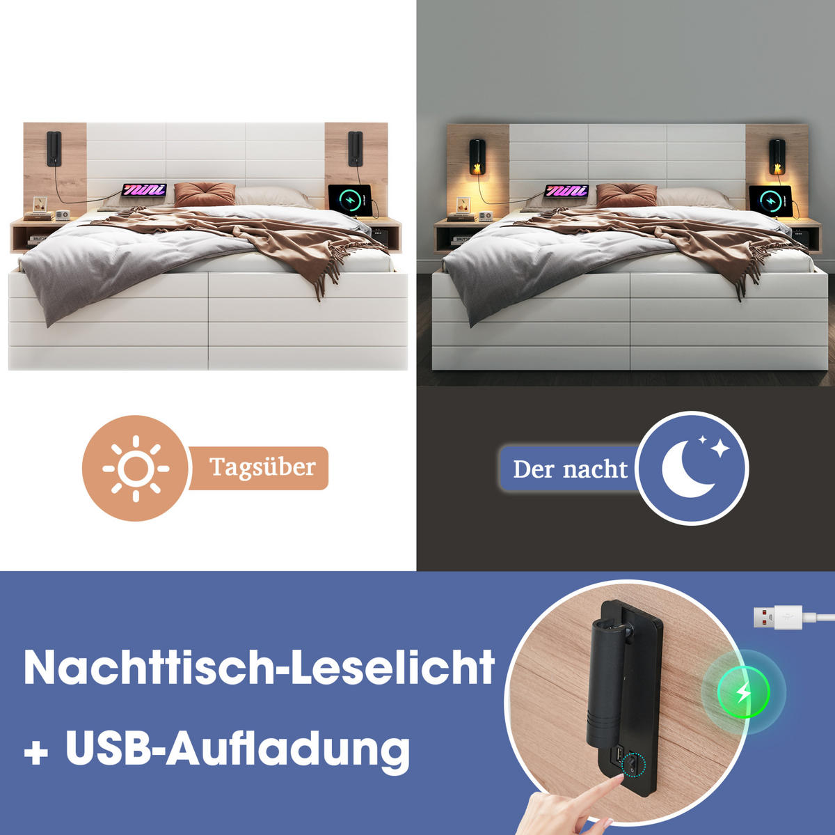 DOPPELBETT 180/200 cm mit Leselicht, USB-Anschluss, 2 Schubladen und 2 Nachtkommoden, Weiß/Eiche - Weiß, Holzwerkstoff (180/200cm) - Redom