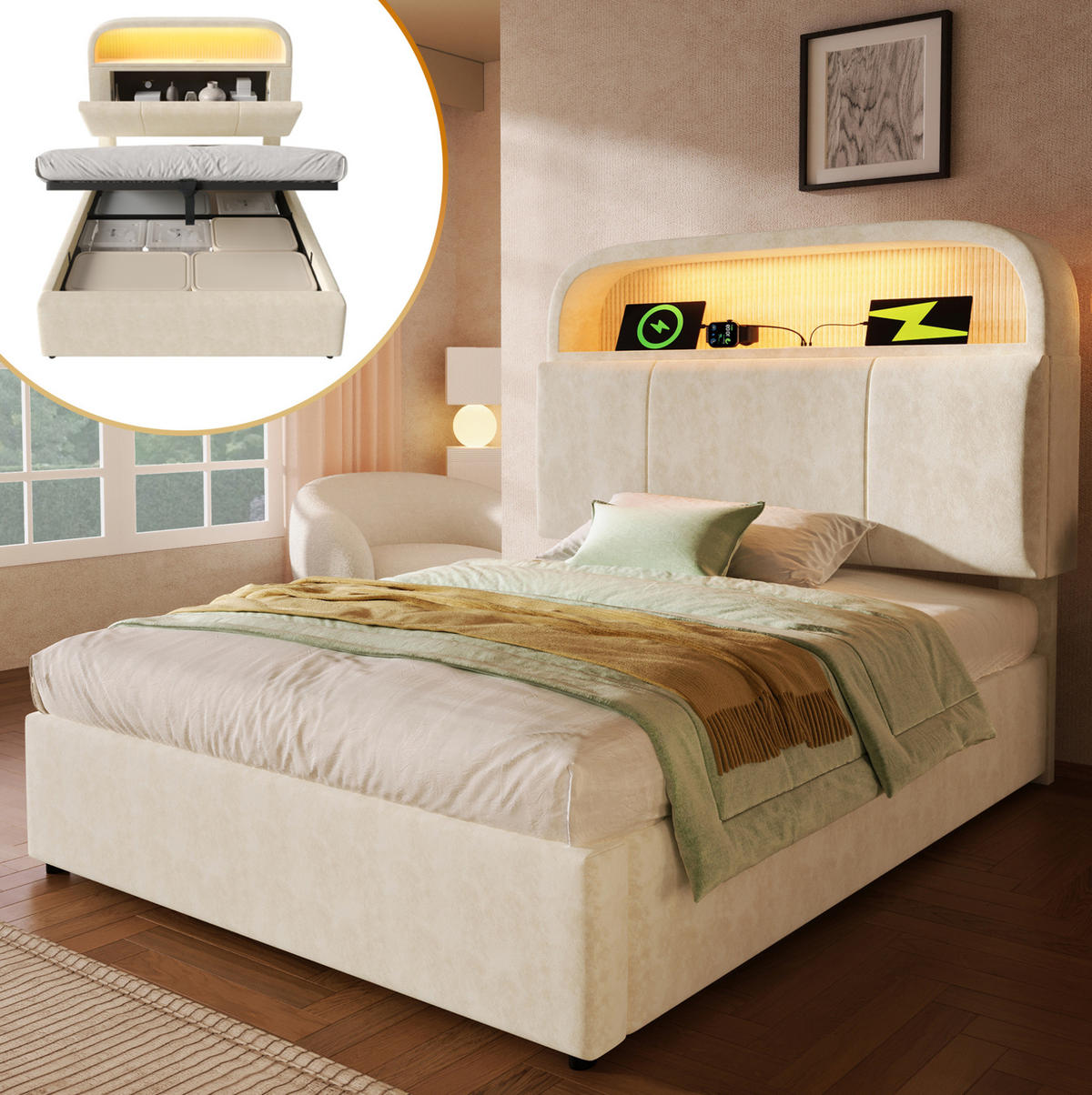 BETT mit Stauraum 90x200 cm Samt Beige inkl. Matratze - Beige, Metall (90/200cm) - Meubliv