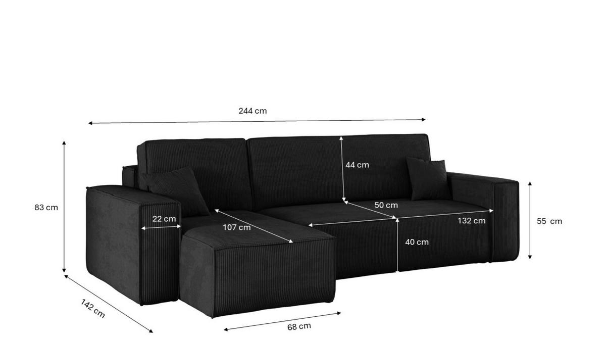 ECKSOFA Mit Schlaffunktion Und Bettkasten BEST Stoff Poso Dicker Cord Schwarz Links - Schwarz, Holz/Textil (142/244cm) - Kaiser Möbel