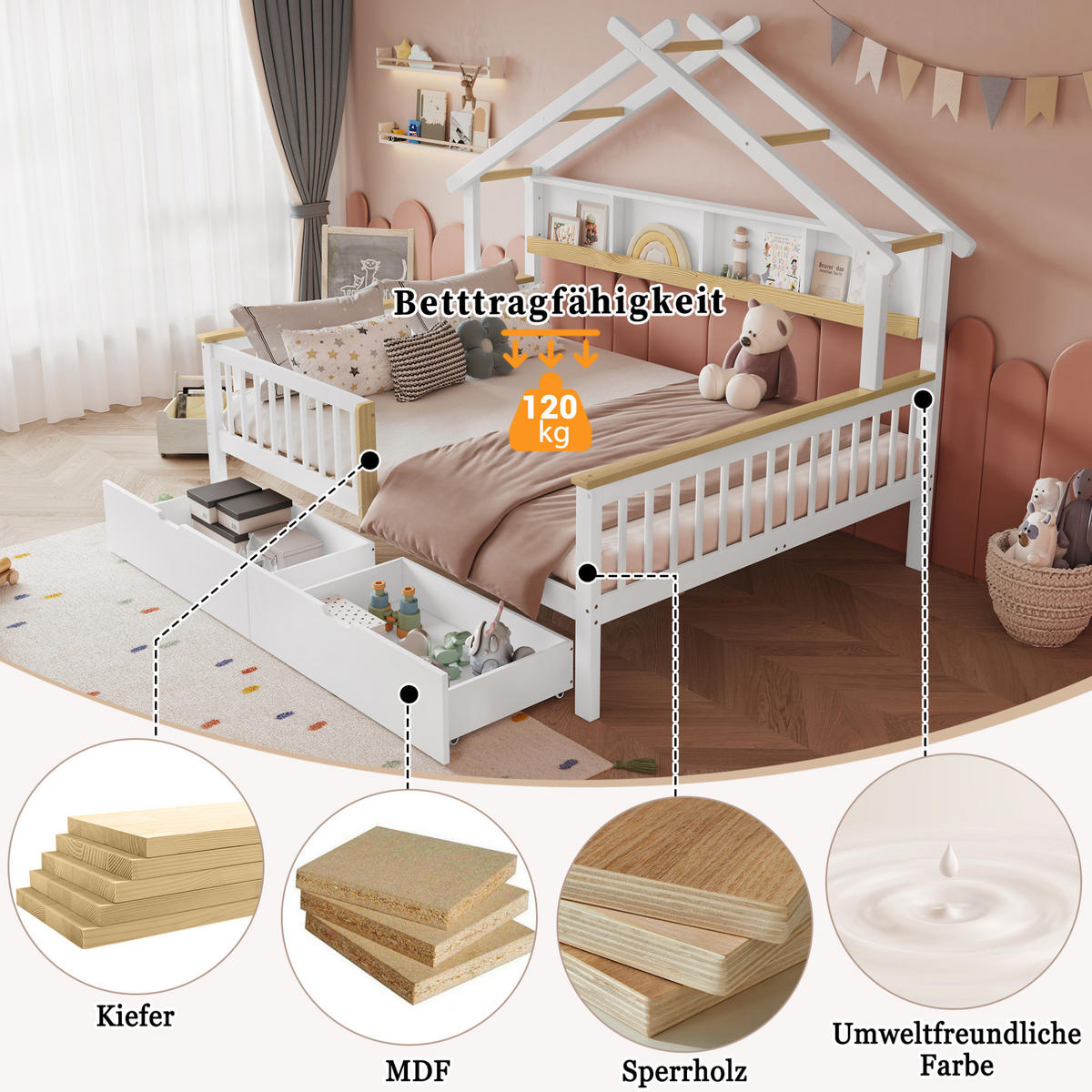 DOMČEKOVÁ posteľ 140/200 cm biela/prírodná s ochrannými zábranami a 2 zásuvkami z borovice a MDF - biela, drevo (140/200cm) - OKWISH