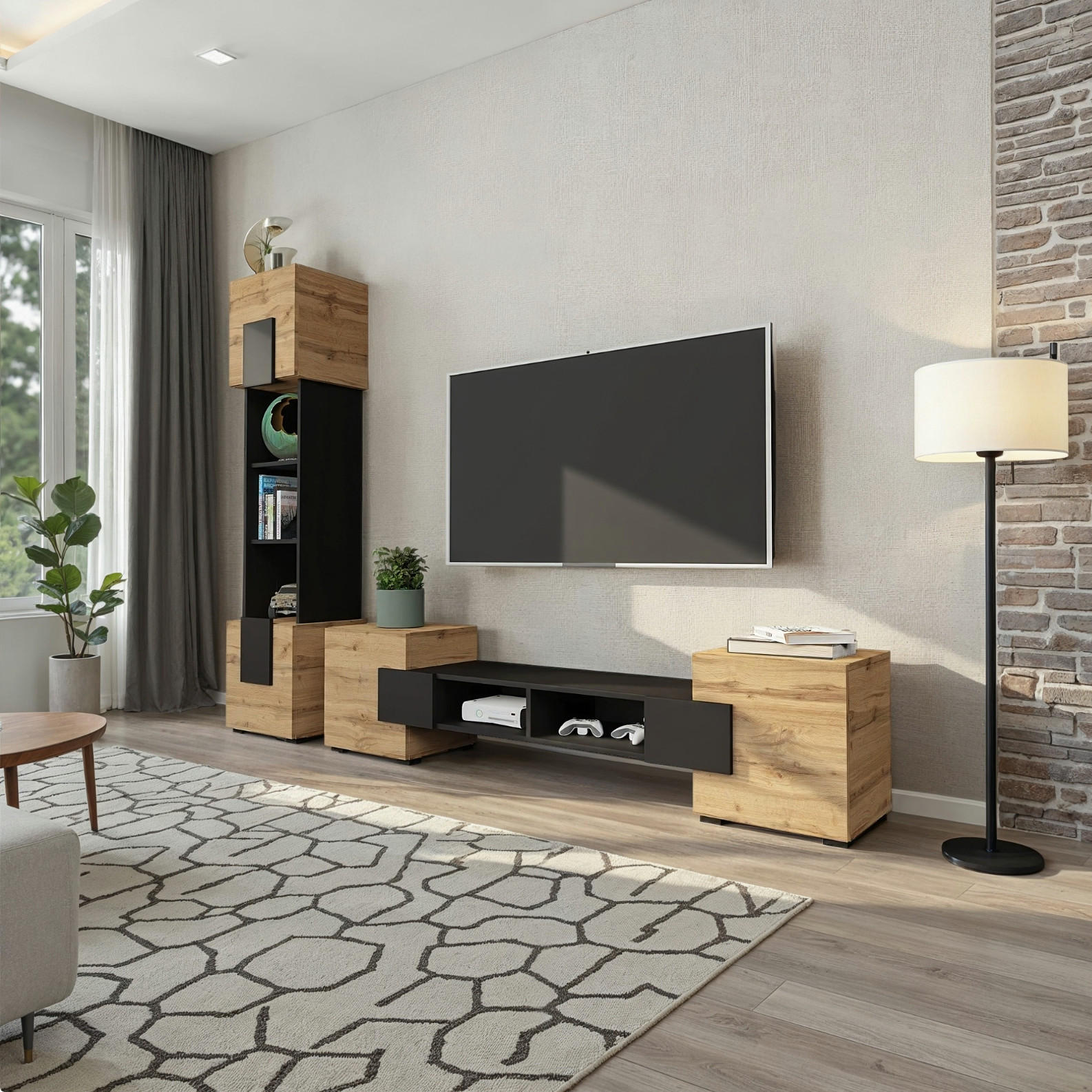 WOHNWAND TORINO Hängend + Stehend, 2-er Set, Mattes Finish, Schwarz + + Eiche Wotan - Eiche Wotan/Schwarz, Holzwerkstoff/Kunststoff (220/172/35cm) - Komodee