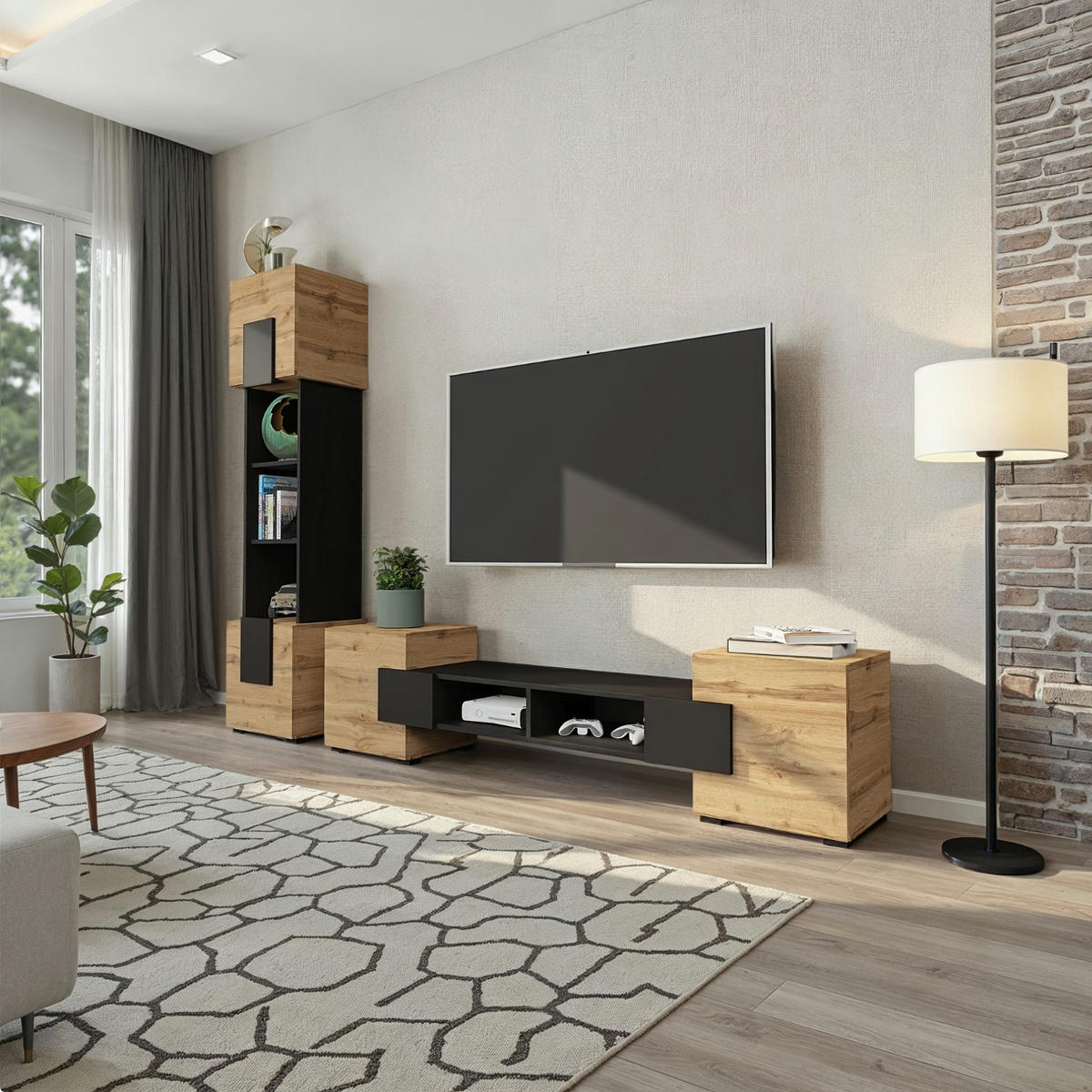 LOWBOARD TV TORINO Hängend + Stehend, Mattes Finish, Schwarz + Eiche Wotan - Eiche Wotan/Schwarz, Holzwerkstoff/Kunststoff (181/40/35cm) - Komodee