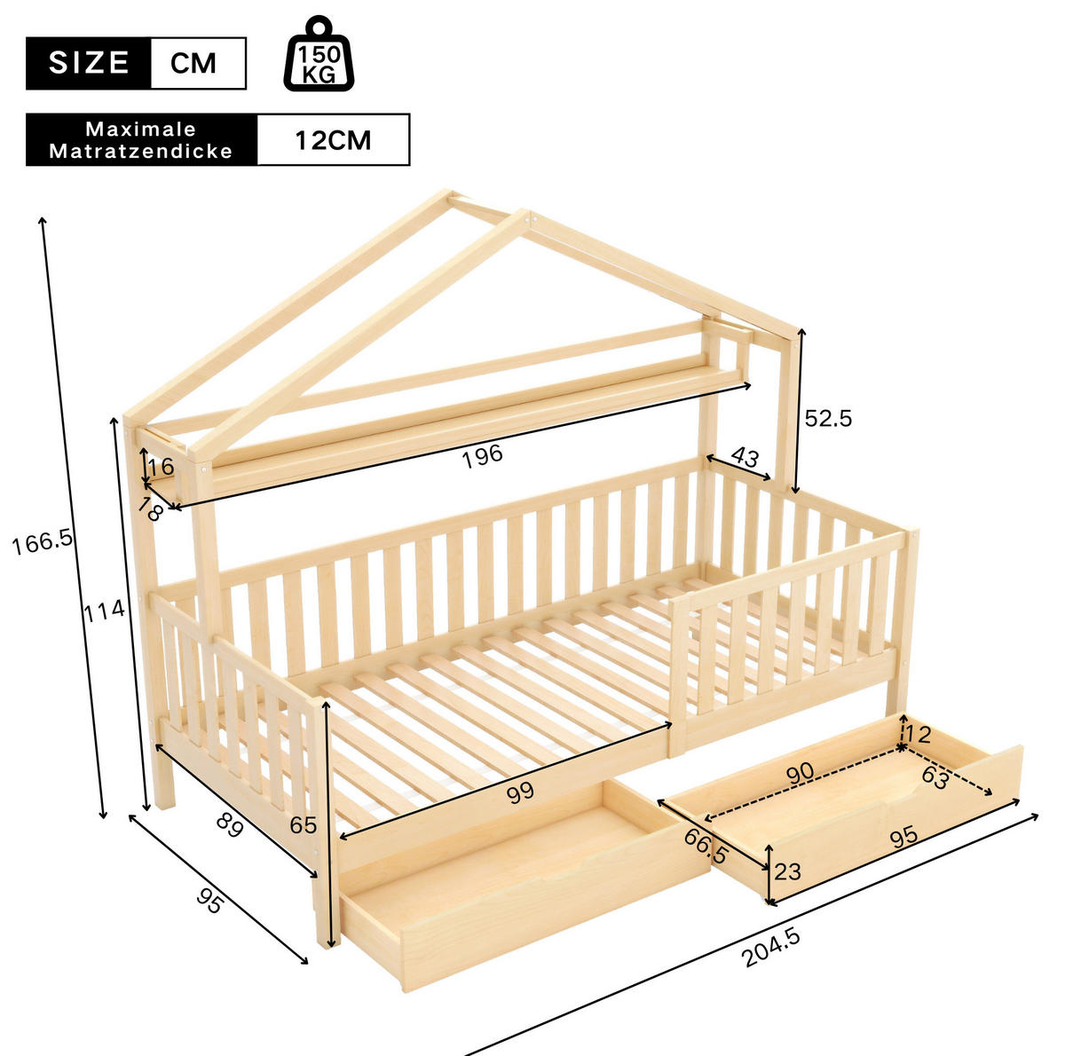 KINDERBETT Hausbett 90/200 cm mit 2 Schubladen, Ablage und Lattenrost, Massivholz Kiefer, Natur - Naturfarben, Holz (90/200cm) - Redom