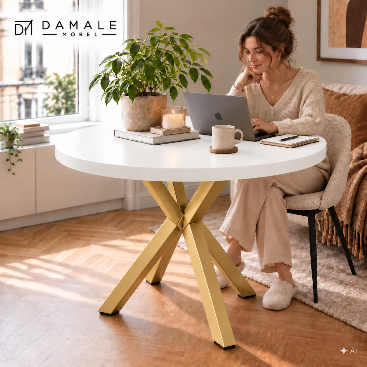 ESSTISCH rund ausziehbar 90/190/76 cm, Weiß, 54 cm Tischplatte + X Metallbeine Gold - Goldfarben/Weiß, Holzwerkstoff/Metall (90/190/76cm) - Damale Möbel