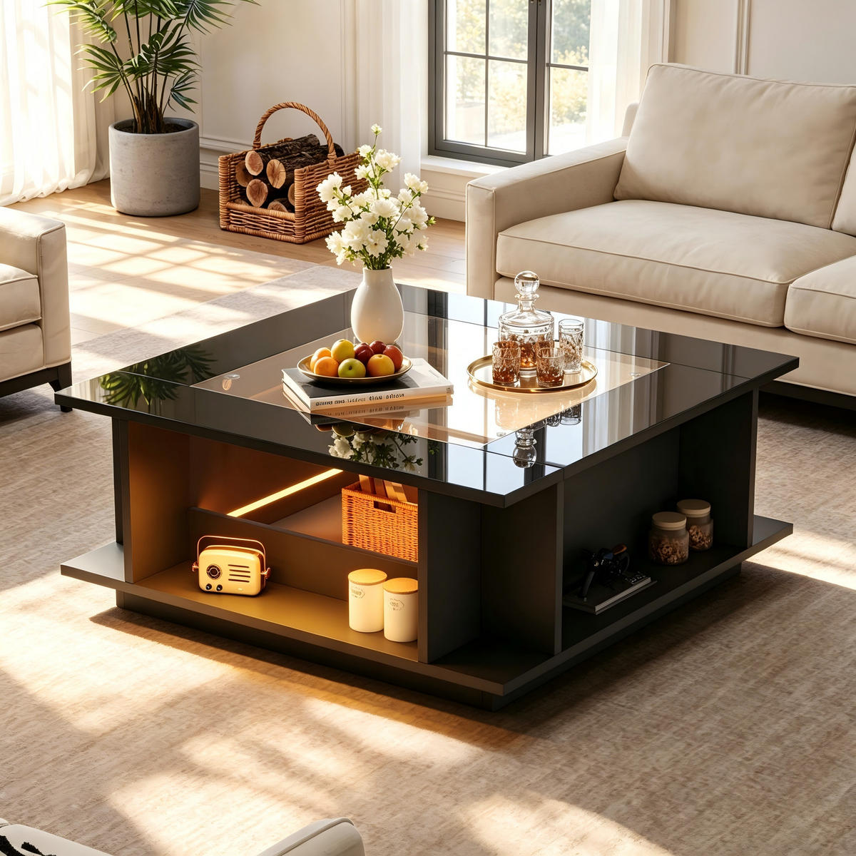 COUCHTISCH Quadratischer mit Glasplatte & LED, Hochglanz Schwarz, 70/70/30 cm modern - Schwarz, Glas/Holzwerkstoff (70/70/30cm) - EVRYAE