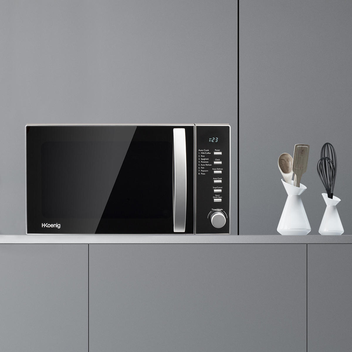 MIKROWELLE VIO2 Schwarz und Silber, Multifunktion 6 Heizstufen und Abtaufunktion-Timer, 700W - Silberfarben, Metall (29.5/18/25.5cm) - HKoenig