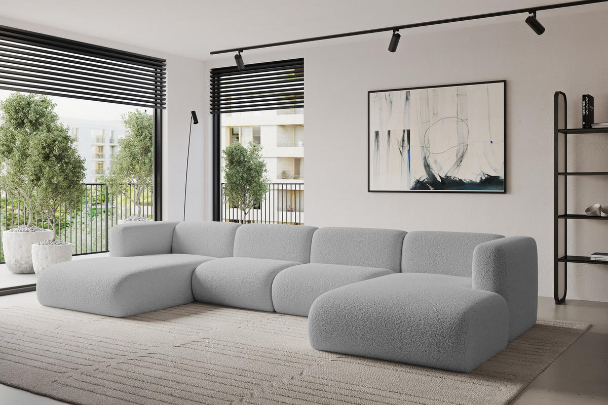 WOHNLANDSCHAFT MIRA-U2 408x179x70 Hellgrau Bouclé - Silberfarben/Hellgrau, Holzwerkstoff/Kunststoff (408/70/179cm) - ALTDECOR