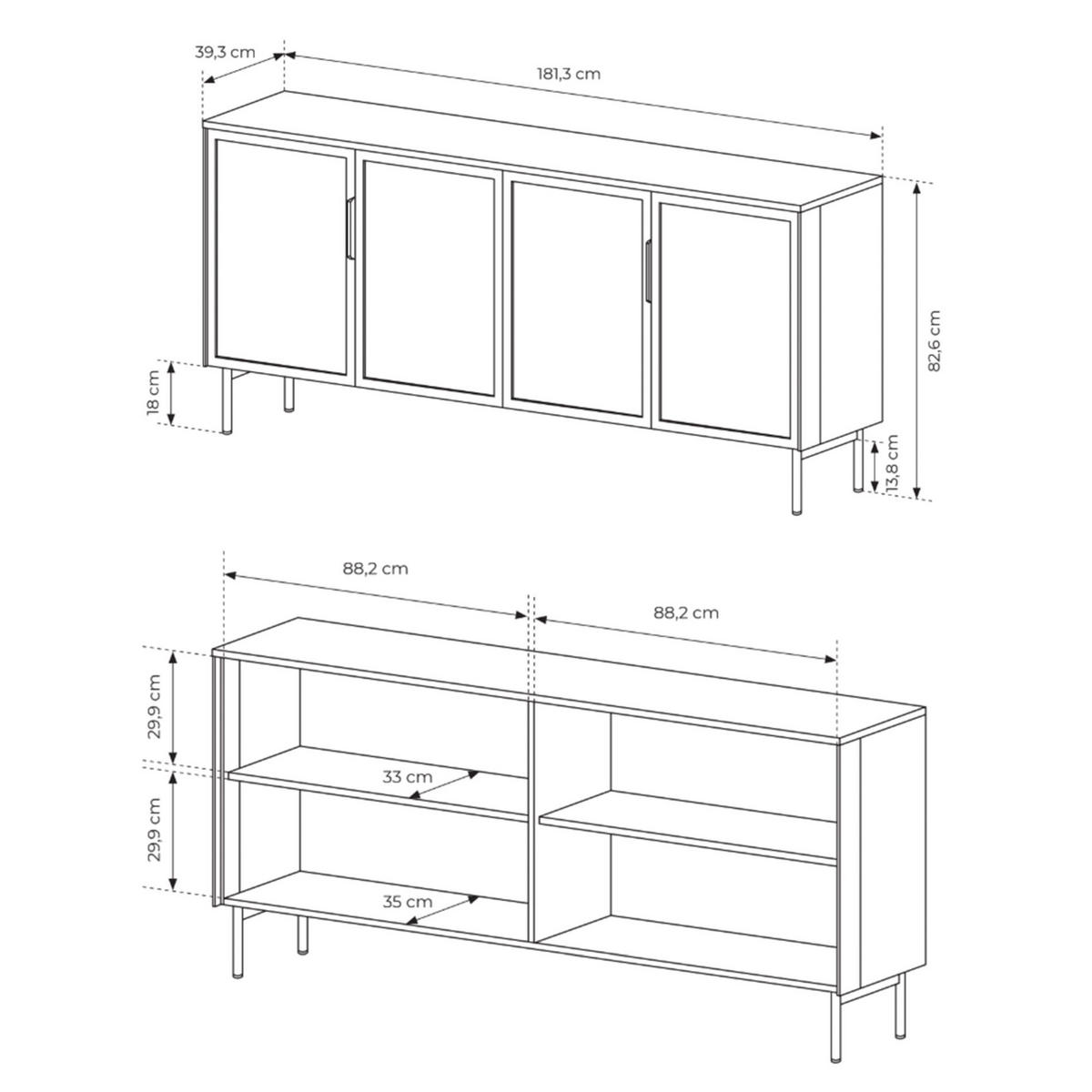 SIDEBOARD Lumi 4-türig mit Glasfronten Eiche Dunin 181 cm - Dunkelbraun/Schwarz, Holzwerkstoff/Metall (181.3/82.6/39.3cm) - Selsey