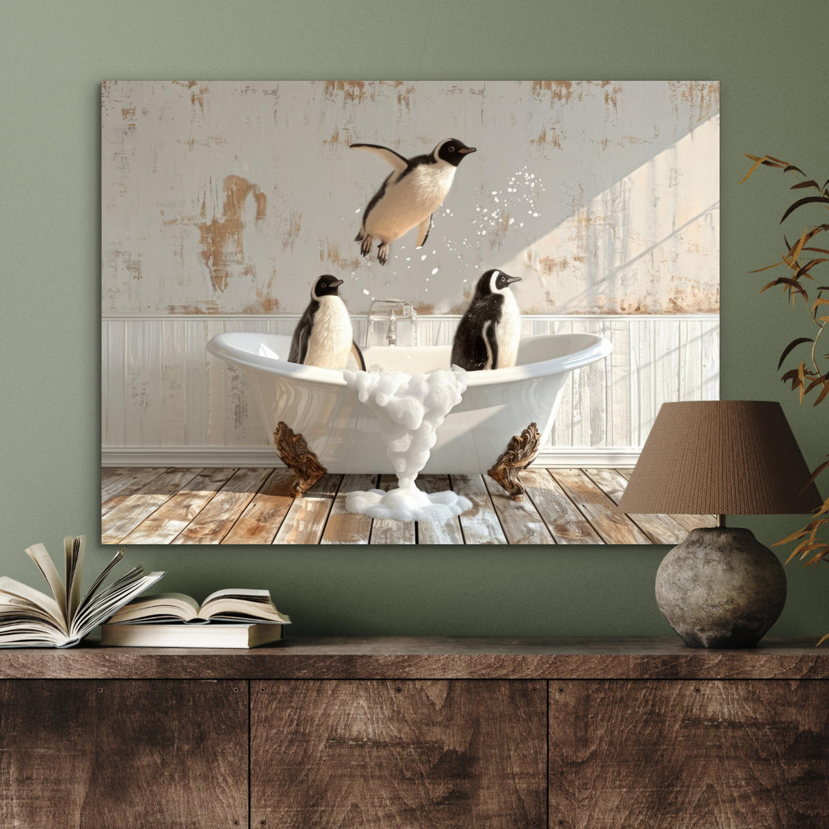 KOVOVÝ OBRAZ Vintage - Tučniak - Vaňa - Pena 80x60 cm - čierna, kov (80/60cm) - MuchoWow